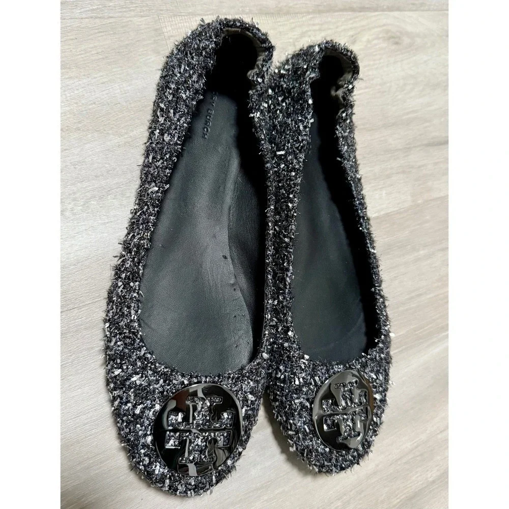 Tory Burch Minnie Travel Ballet Flats Sparkle Tweed Embellished Logo Gray Sz 13